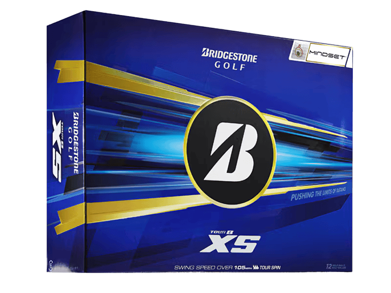 Bridgestone 2026 TOUR B XS Mindset Golf Balls (12 Pack) packaging with blue design and logo.