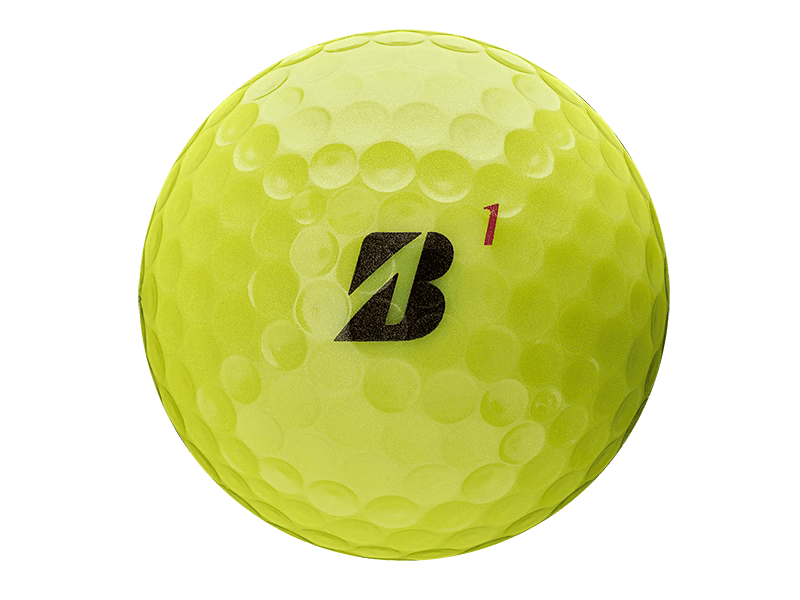 Bridgestone TOUR B RX golf ball in bright yellow featuring the brand logo and number 1, designed for moderate swing speeds.