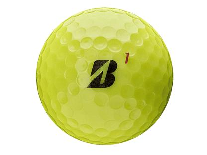 Bridgestone TOUR B RX golf ball in bright yellow featuring the brand logo and number 1, designed for moderate swing speeds.