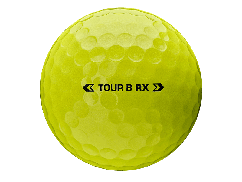 Bridgestone TOUR B RX golf ball in bright yellow, designed for distance and control for moderate swing speeds.