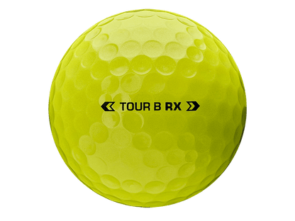 Bridgestone TOUR B RX golf ball in bright yellow, designed for distance and control for moderate swing speeds.
