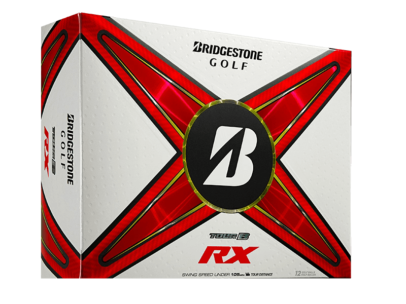 Bridgestone TOUR B RX Golf Balls 12 pack with red and black design, engineered for distance and control.