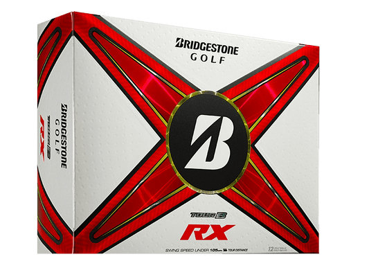 Bridgestone TOUR B RX Golf Balls 12 pack with red and black design, engineered for distance and control.