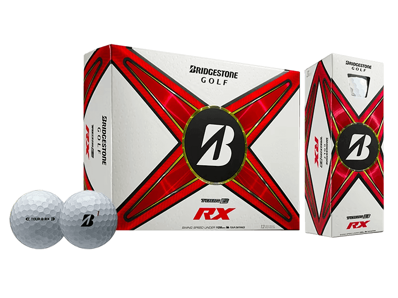Bridgestone TOUR B RX Golf Balls 12 Pack featuring REACTIV iQ cover for distance and control.