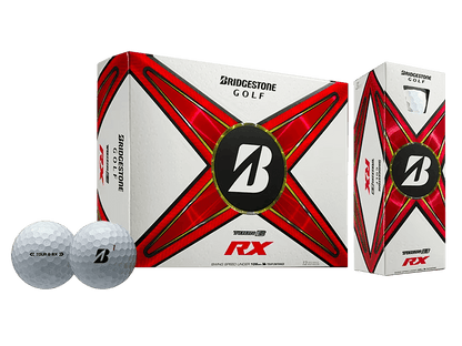 Bridgestone TOUR B RX Golf Balls 12 Pack featuring REACTIV iQ cover for distance and control.