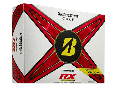 Bridgestone TOUR B RX Golf Balls 12 Pack in Optic Yellow for distance and control for moderate swing speeds.