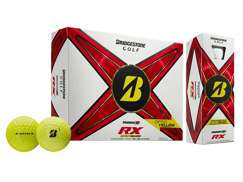 Bridgestone TOUR B RX Golf Balls in Optic Yellow, designed for distance and control, ideal for moderate swing speeds.