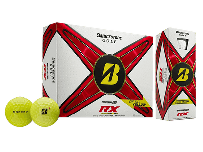 Bridgestone TOUR B RX Golf Balls in Optic Yellow, designed for distance and control, ideal for moderate swing speeds.