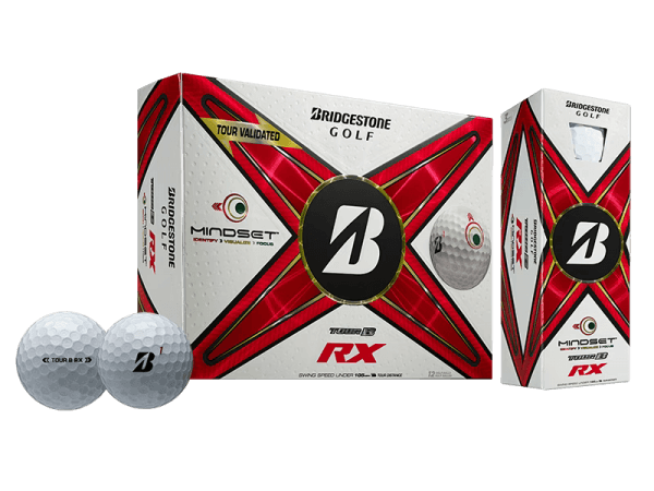 Bridgestone TOUR B RX Mindset Golf Balls 12 pack with balls and box, featuring alignment aid for optimal performance.