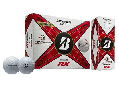Bridgestone TOUR B RX Mindset Golf Balls 12 pack with balls and box, featuring alignment aid for optimal performance.