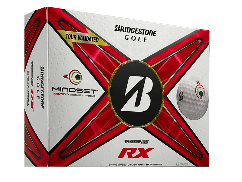 Bridgestone TOUR B RX Mindset Golf Balls package showcasing innovative design and alignment aid for golfers.