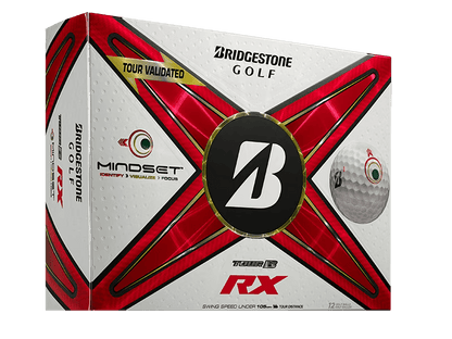 Bridgestone TOUR B RX Mindset Golf Balls package showcasing innovative design and alignment aid for golfers.