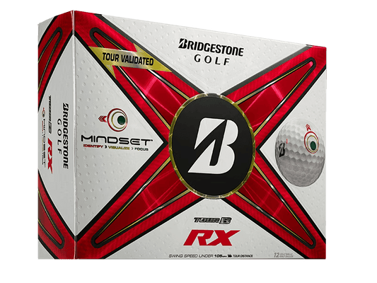 Bridgestone TOUR B RX Mindset Golf Balls package showcasing innovative design and alignment aid for golfers.