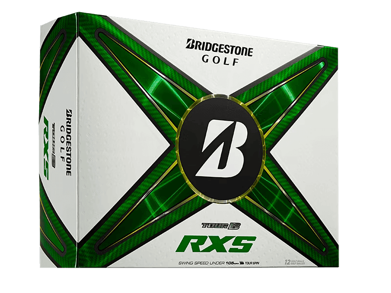 Bridgestone TOUR B RXS Golf Balls box designed for swing speeds under 105 mph, featuring a green and black design.