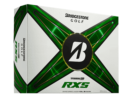 Bridgestone TOUR B RXS Golf Balls box designed for swing speeds under 105 mph, featuring a green and black design.