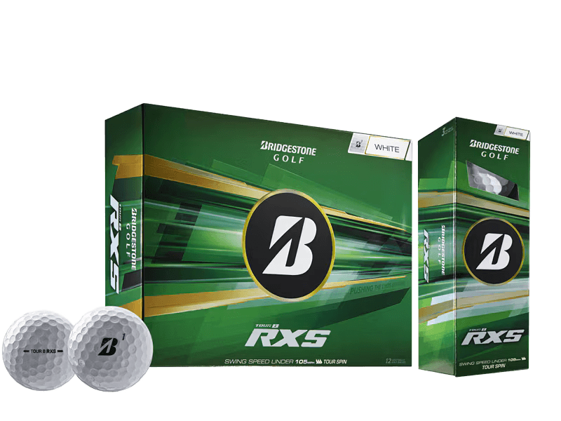 Bridgestone 2026 TOUR B RXS Golf Balls (12 Pack) packaging with golf balls displayed.
