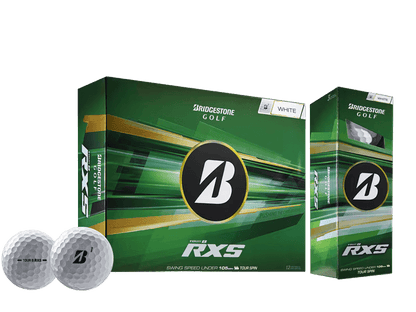 Bridgestone 2026 TOUR B RXS Golf Balls (12 Pack) packaging with golf balls displayed.