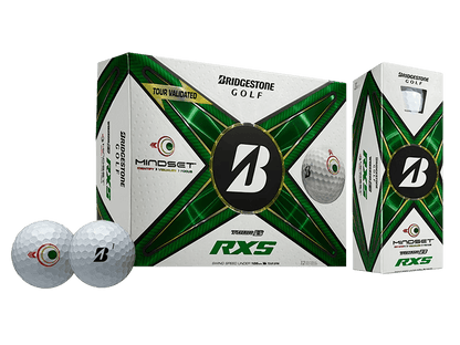Bridgestone TOUR B RXS Mindset golf balls 12 pack with visual alignment aid for better pre-shot focus.