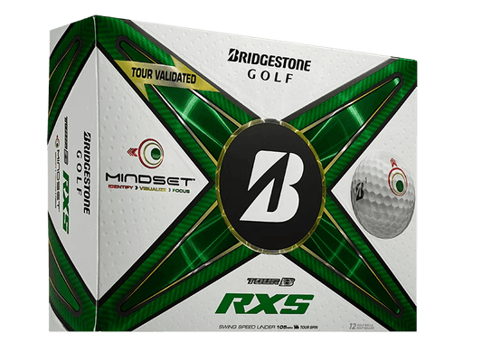 Bridgestone TOUR B RXS Mindset Golf Balls box featuring visual alignment aid for enhanced focus and premium performance.