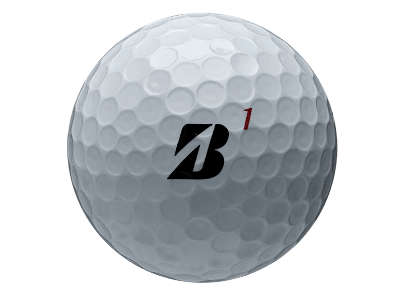 Close-up of a Bridgestone TOUR B X golf ball showcasing its unique dimple pattern and branding.