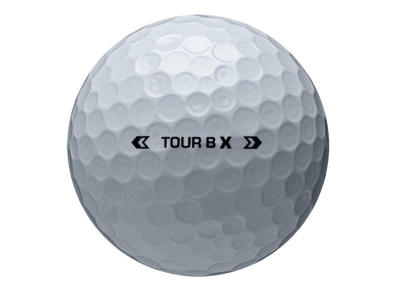 Bridgestone TOUR B X golf ball close-up, showcasing its textured surface and branding, designed for high-speed performance.