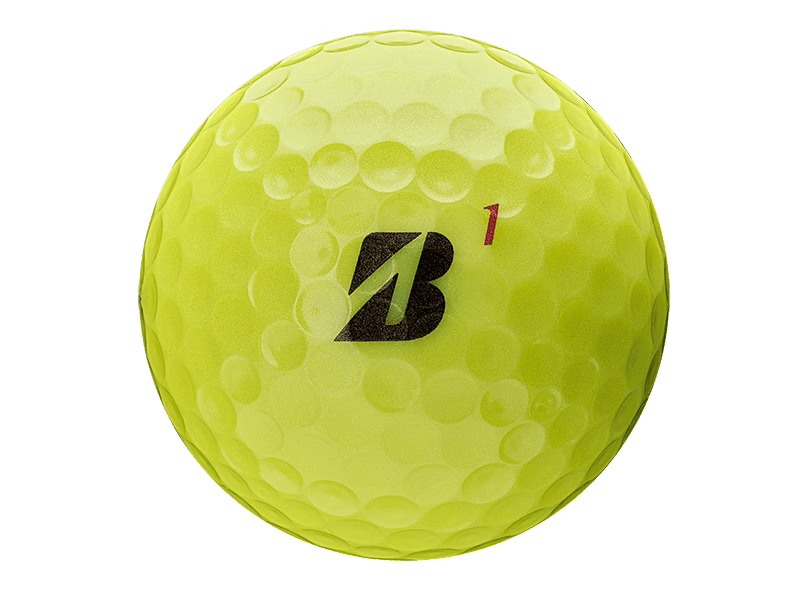 Bridgestone TOUR B X golf ball in vibrant yellow color, showcasing logo and number 1 for maximum performance.