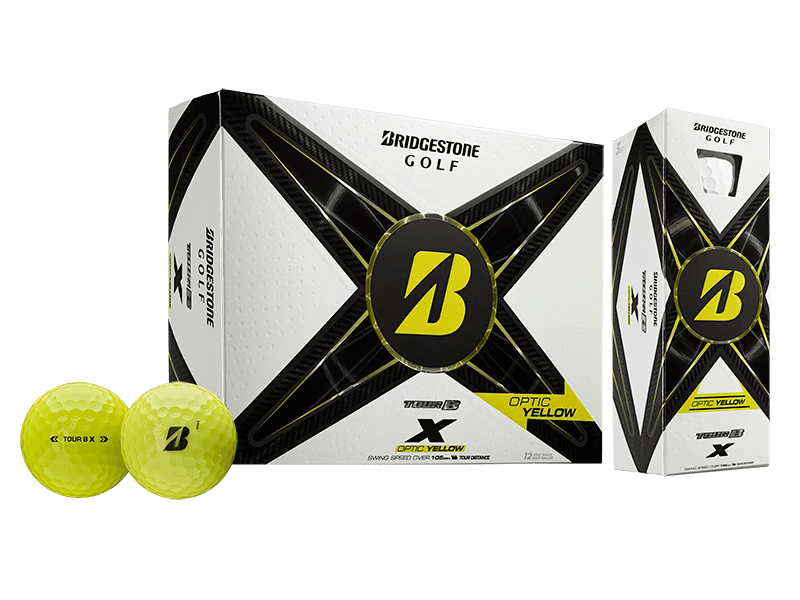 Bridgestone TOUR B X Golf Balls 12 Pack in Optic Yellow with packaging, designed for maximum speed and control.
