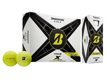 Bridgestone TOUR B X Golf Balls 12 Pack in Optic Yellow with packaging, designed for maximum speed and control.