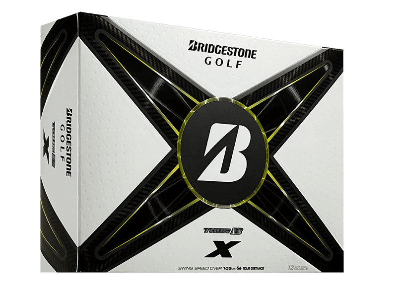 Bridgestone TOUR B X Golf Balls 12 pack box, featuring advanced REACTIV iQ Smart Cover Technology for enhanced performance.
