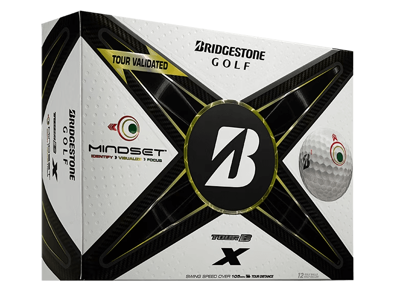 Bridgestone TOUR B X Mindset Golf Balls packaging, designed for precision and performance with a focus on faster swing speeds.