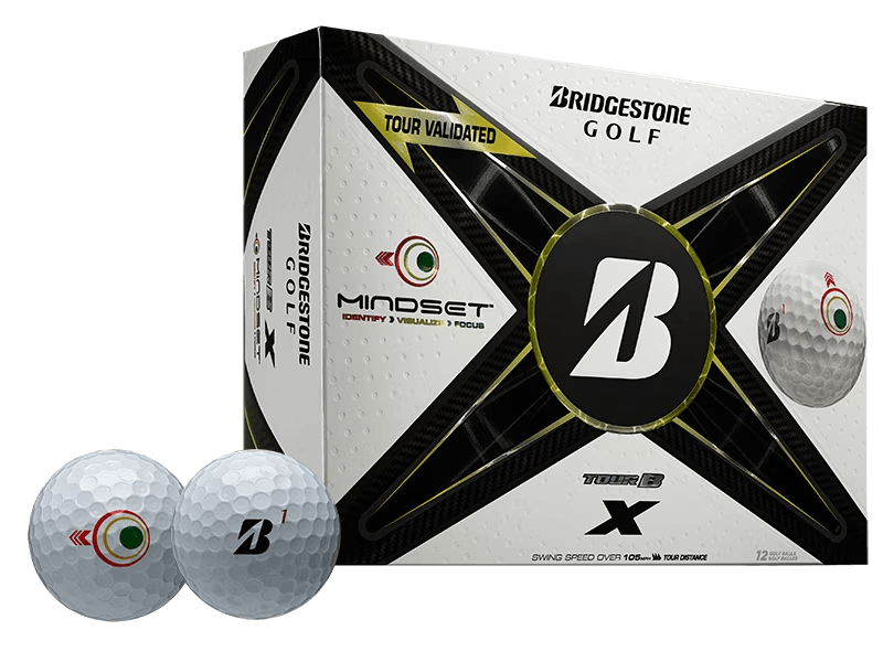 Bridgestone TOUR B X Mindset golf balls 12 pack with performance-enhancing visual aids for golfers.