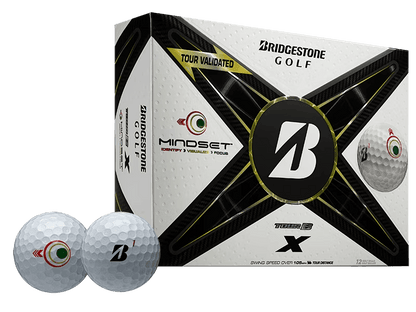 Bridgestone TOUR B X Mindset golf balls 12 pack with performance-enhancing visual aids for golfers.