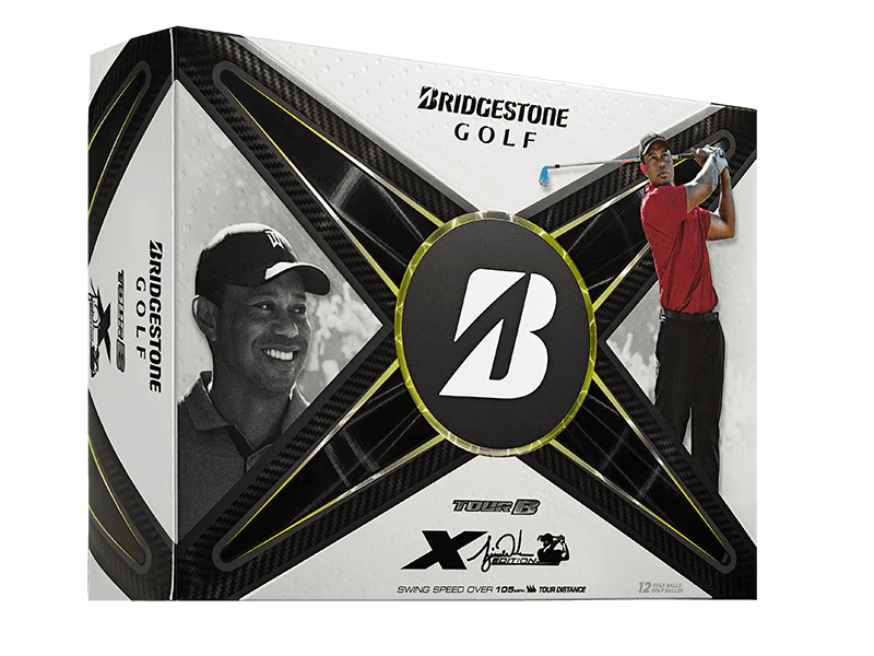 Bridgestone TOUR B X Tiger Woods Edition Golf Balls packaging featuring Tiger Woods, designed for explosive distance and control.
