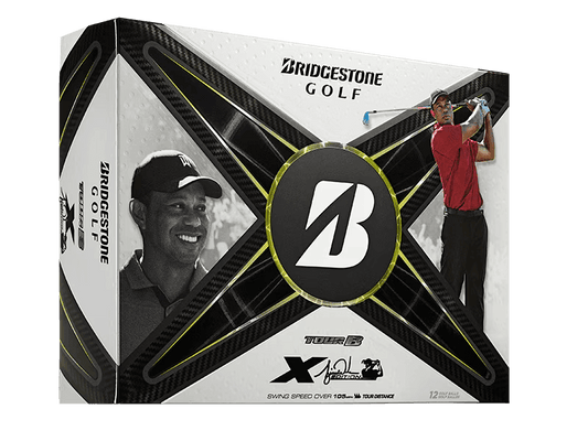 Bridgestone TOUR B X Tiger Woods Edition Golf Balls packaging featuring Tiger Woods, designed for explosive distance and control.
