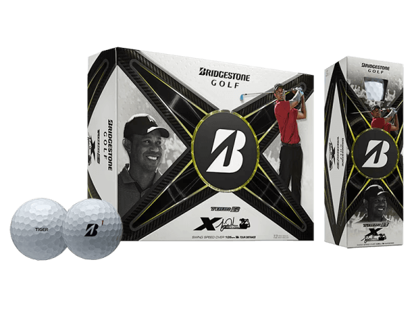 Bridgestone TOUR B X Tiger Woods Edition golf balls 12 pack showcasing packaging and golf balls with TW logo.