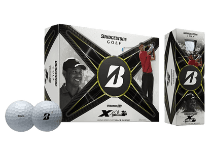Bridgestone TOUR B X Tiger Woods Edition golf balls 12 pack showcasing packaging and golf balls with TW logo.