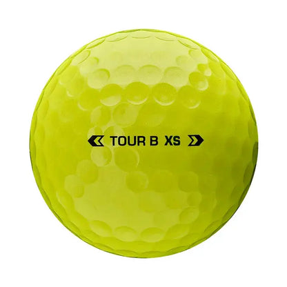 Bridgestone TOUR B XS golf ball in vibrant yellow color, designed for tour-level spin and softer feel.