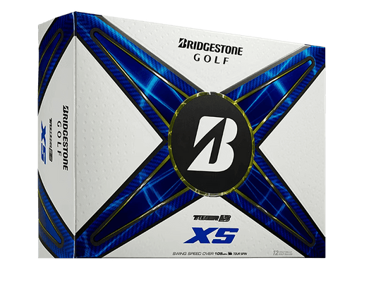 Bridgestone TOUR B XS golf balls 12 pack box with blue accents and logo, designed for maximum spin and soft feel.