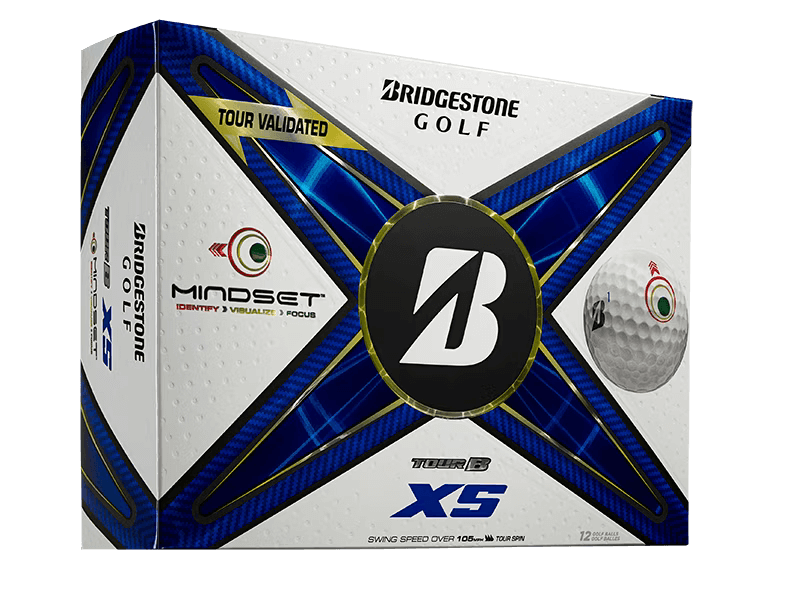 Bridgestone TOUR B XS Mindset Golf Balls packaging showcasing the REACTIV iQ cover technology in a 12 pack.