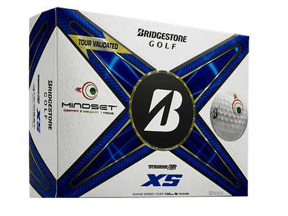 Bridgestone TOUR B XS Mindset Golf Balls packaging showcasing the REACTIV iQ cover technology in a 12 pack.