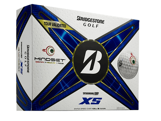 Bridgestone TOUR B XS Mindset Golf Balls packaging showcasing the REACTIV iQ cover technology in a 12 pack.