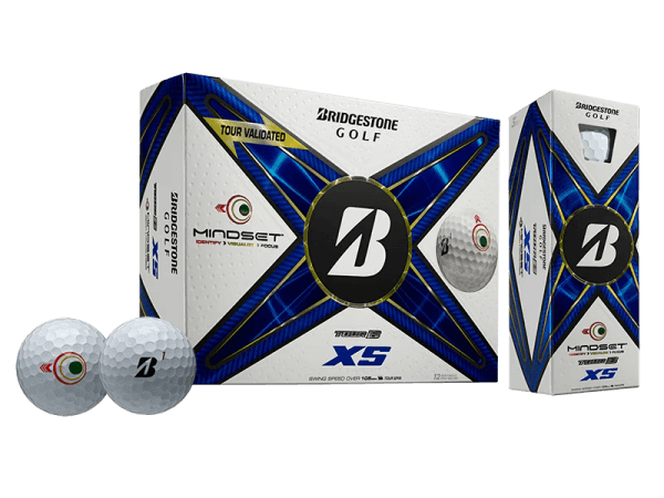 Bridgestone TOUR B XS Mindset Golf Balls 12 Pack with enhanced visual alignment aid and REACTIV iQ cover.