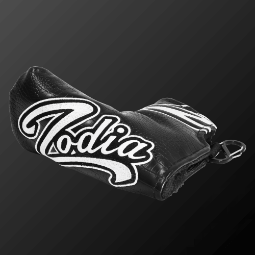 Zodia Caiman Print Putter Cover in black with logo, designed for various putter head shapes.