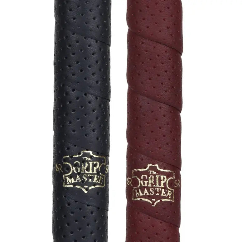 Close-up of The Grip Master Classic Tour Wrap Swinger grips in black and red leather, showcasing their unique texture and logo.