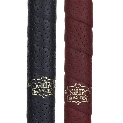 Close-up of The Grip Master Classic Tour Wrap Swinger grips in black and red leather, showcasing their unique texture and logo.