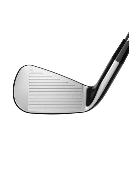 COBRA 3DP Tour Irons close-up view of iron clubface showcasing precision grooves and sleek design.