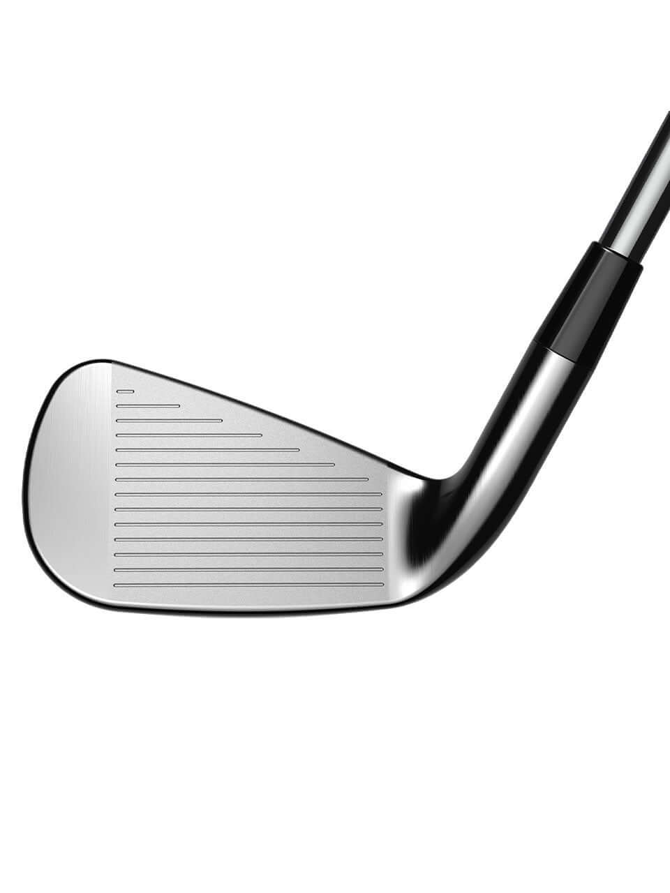 Close-up of COBRA 3DP X Irons featuring sleek design and advanced groove pattern for optimal performance.