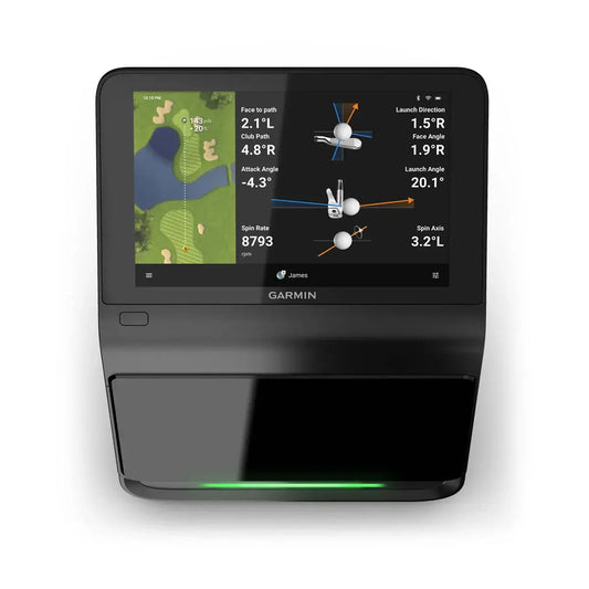 Garmin Approach R50 golf simulator with touchscreen display showing swing metrics and golf course layout.