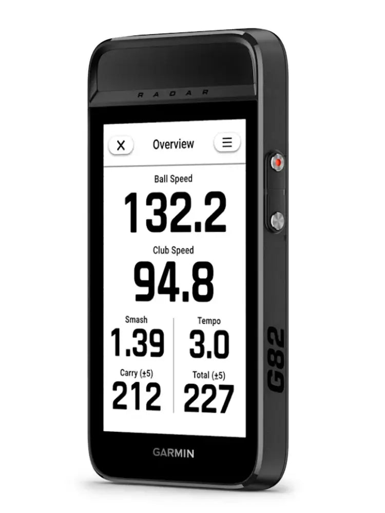 Garmin Approach® G82 GPS & Launch Monitor displaying performance metrics including ball speed and club speed.