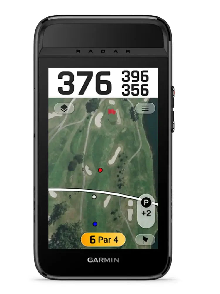 Garmin Approach® G82 GPS & Launch Monitor displaying golf course layout with distances and hole information.